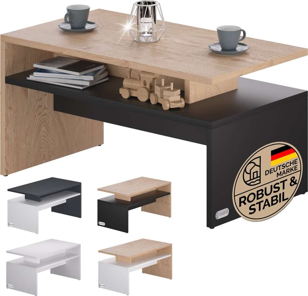 A modern coffee table with storage, shown from multiple angles and in different color options, along with decorative items and a logo.