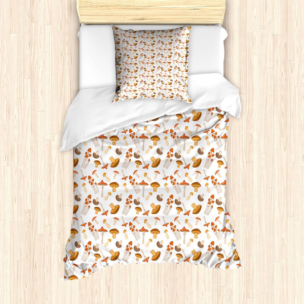 ABAKUHAUS Herbst Bettbezug Set, Bunte Pilz-Muster-Waldillustration mit verschiedenen Pilz-Arten, 135 x 200 cm + 80 x 80 cm, Coral Brown Warm Taupe