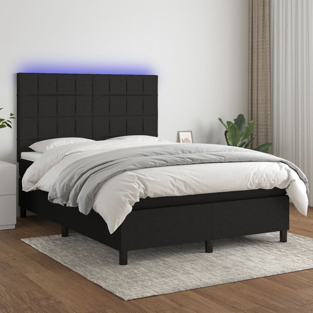 vidaXL Boxspringbett mit Matratze & LED Schwarz 140x200 cm Stoff - Boxspringbett - Boxspringbetten - Bett - Schlafzimmermöbel