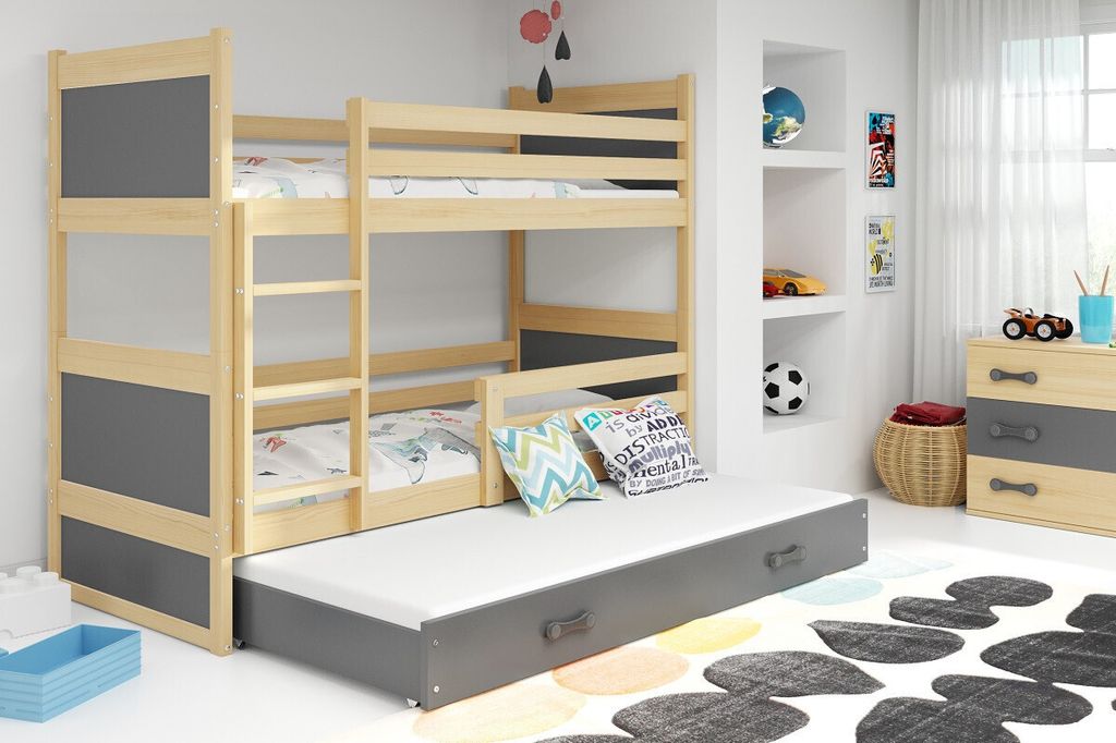 Kinderhochbett mit Zustellbett ohne Matratzen 80x160 FERGUS – Kiefer / Graphit