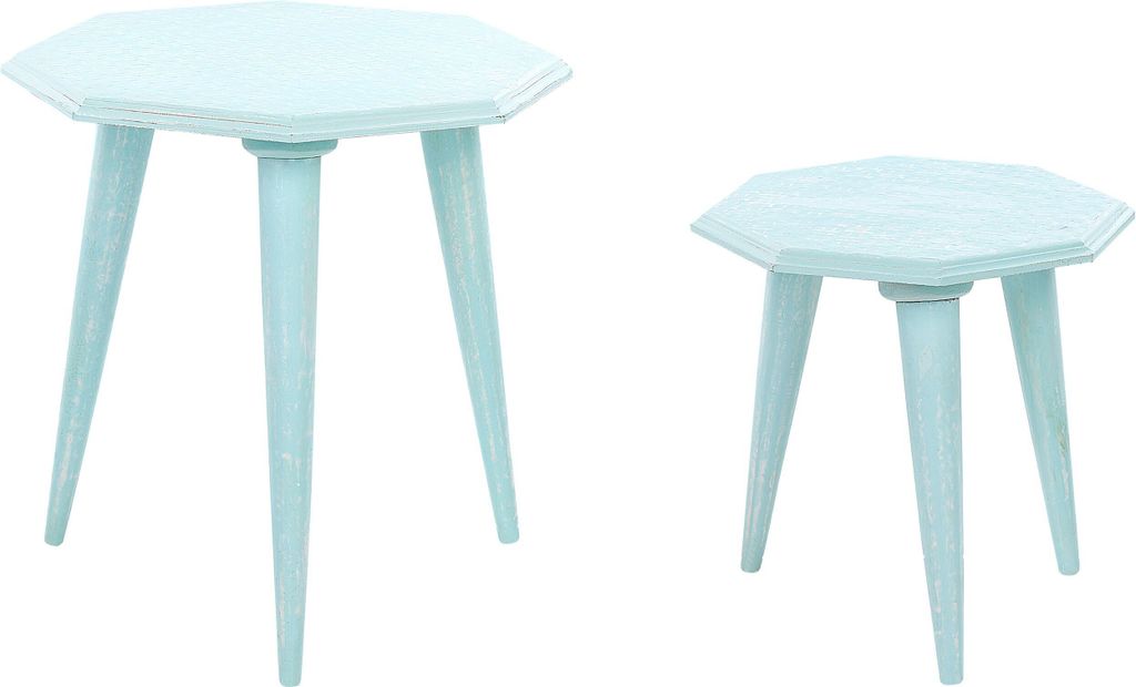 BELIANI Beistelltisch 2er Set Hellblau aus Mangholz Vintage Look Retro Stil Achteckig Dreibeinig Couchtisch Kaffetisch Set für Wohnzimmer