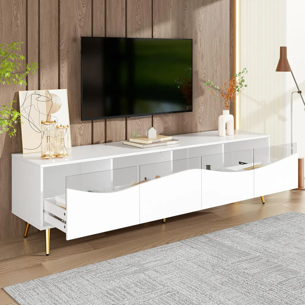 Meuble TV Design Blanc Pieds Dorés et Rétroéclairage LED Lumineux