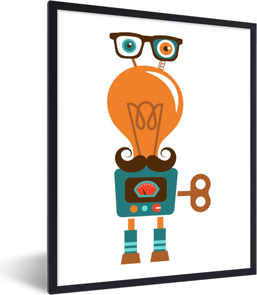 MuchoWow Gerahmtes Poster Roboter - Brille - Schnauzbart - Kinder - Jungen 60x80 cm - Poster mit Schwarzem Bilderrahmen Wandposter Rahmen Foto Bi...
