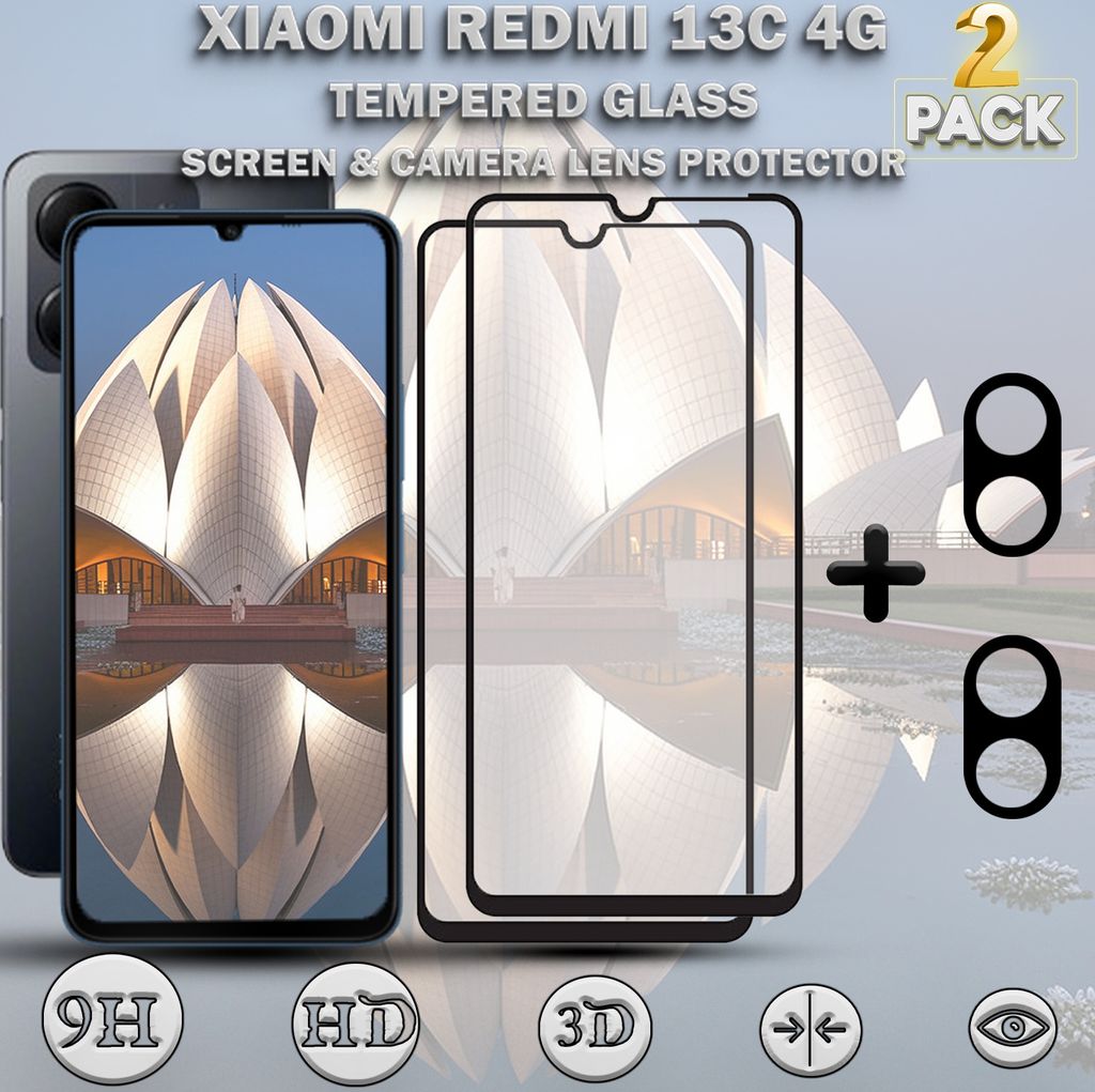 2-Pack XIAOMI REDMI 13C 4G Displayschutzfolie und 2-Pack Objektivschutz aus 9H gehärtetem Glas