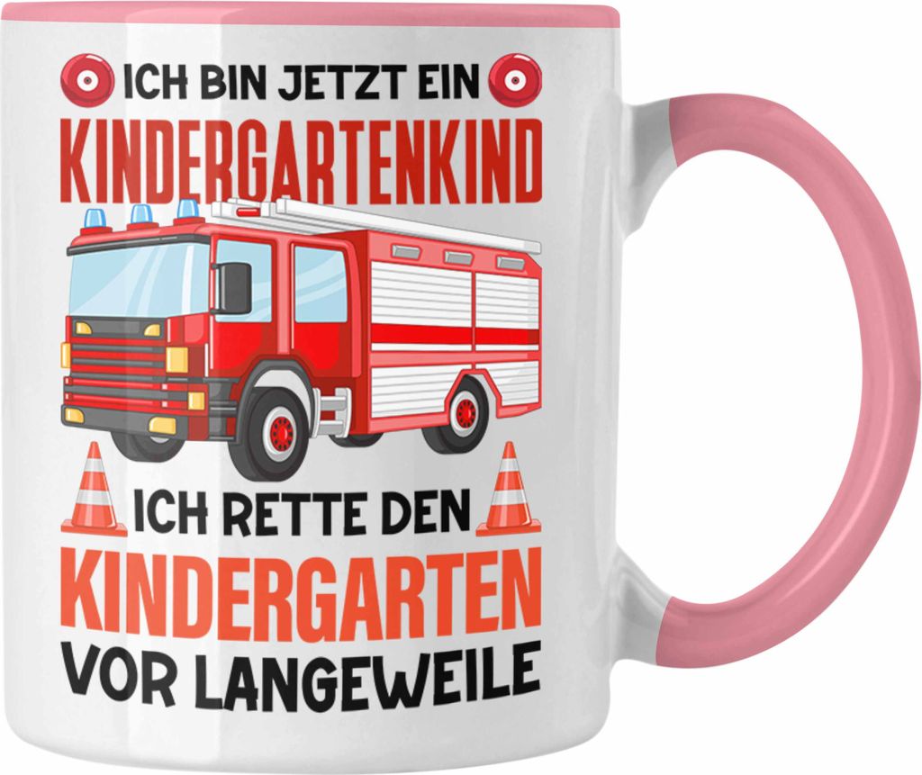 Trendation - Kindergartenkind Tasse Geschenk für Ich Bin Jetzt Kindergartenkind Geschenkidee Spruch Jungs Feuerwehr (Rosa)