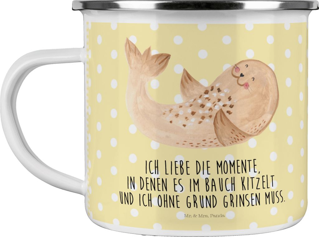 Mr. & Mrs. Panda Pott Robbe Liegen - Gelb Pastell - Geschenk, Emaille Tasse, Nordsee, Meerestier, Teetasse, Lustige Sprüche, Kaffeepott, Motivtass...