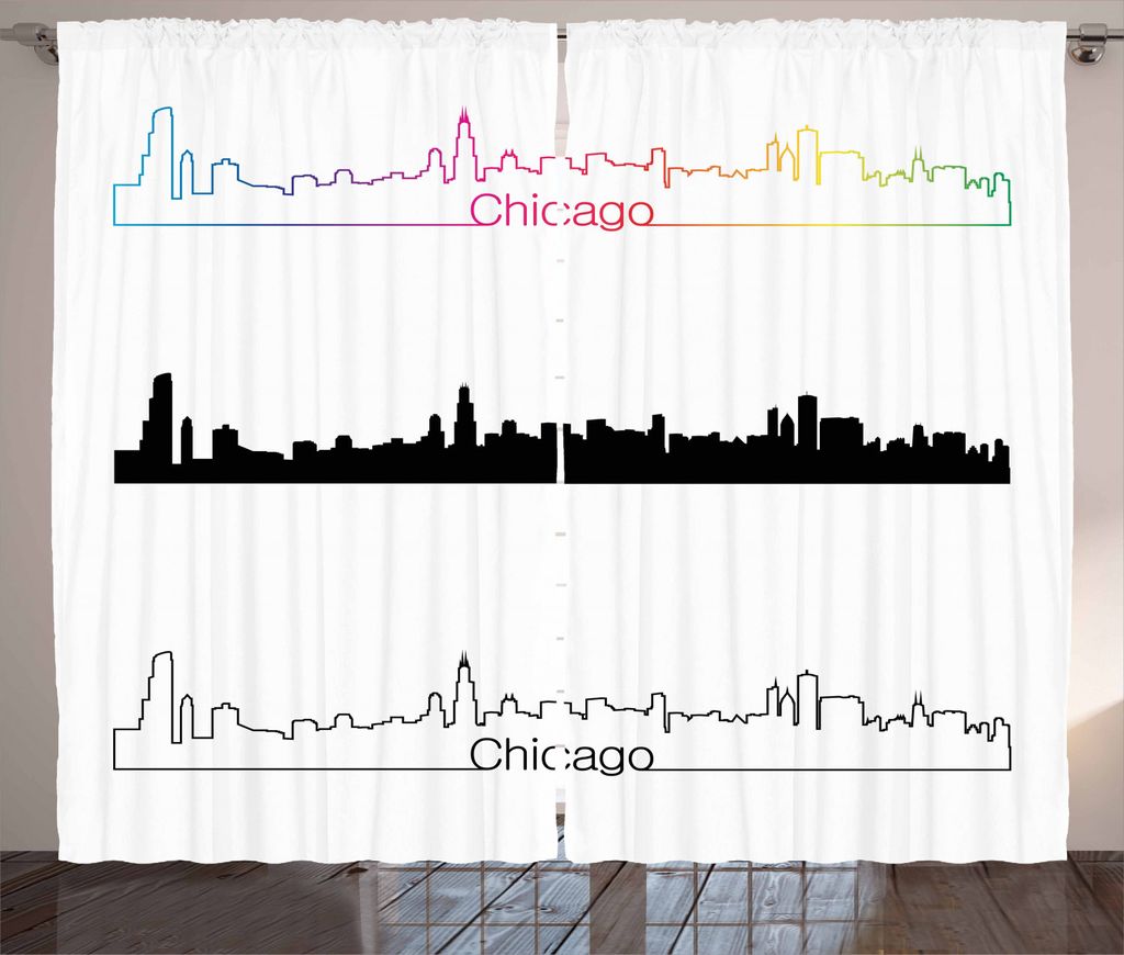 ABAKUHAUS Chicago Skyline Rustikaler Vorhang, Stadtpanorama, Wohnzimmer Universalband Gardinen mit Schlaufen und Haken, 280 x 225 cm, Mehrfarbig