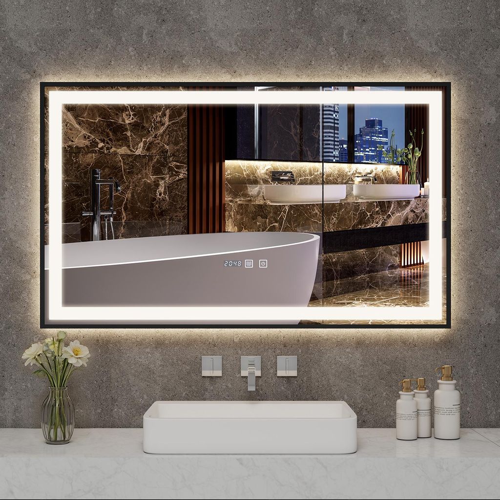 Puluomis Badspiegel 100x60 beschlagfrei mit 3 Farbe Beleuchtung, dimmbare Helligkeit, Badezimmerspiegel mit Digitaluhr, Temperatur schwarz