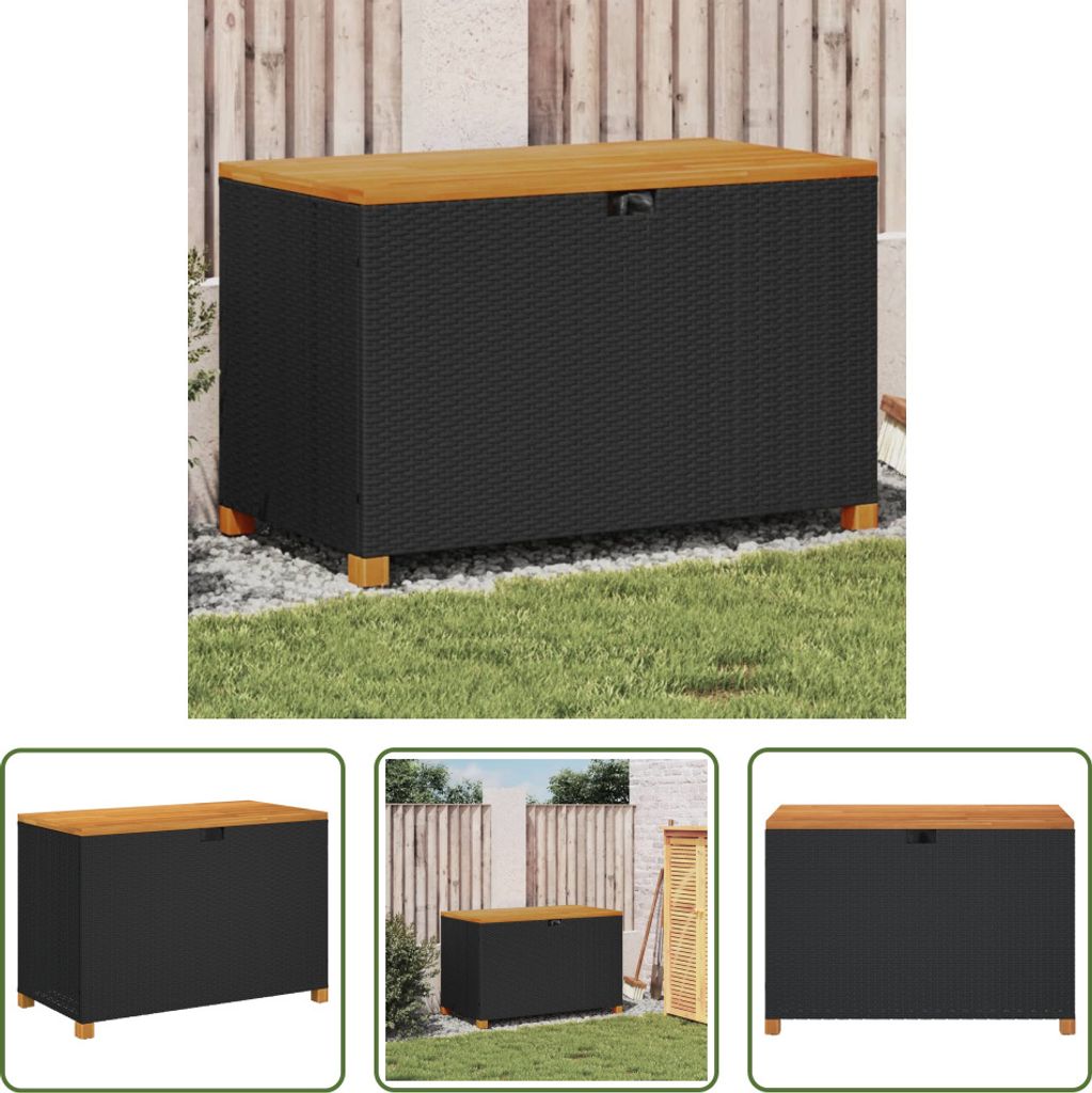 The Living Store Gartentruhe Schwarz 110x55x63 cm Poly Rattan Akazienholz