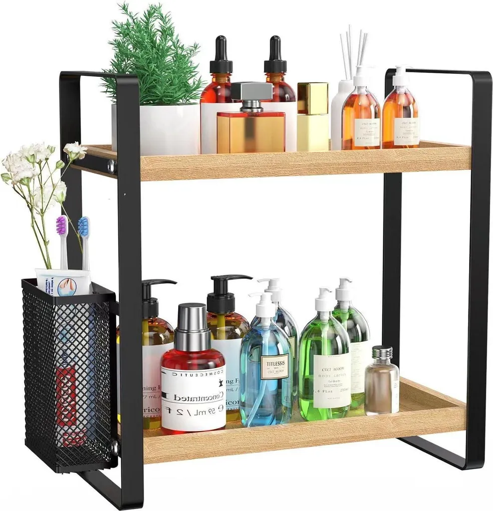 Organisateur de salle de bain double étage avec panier métal amovible