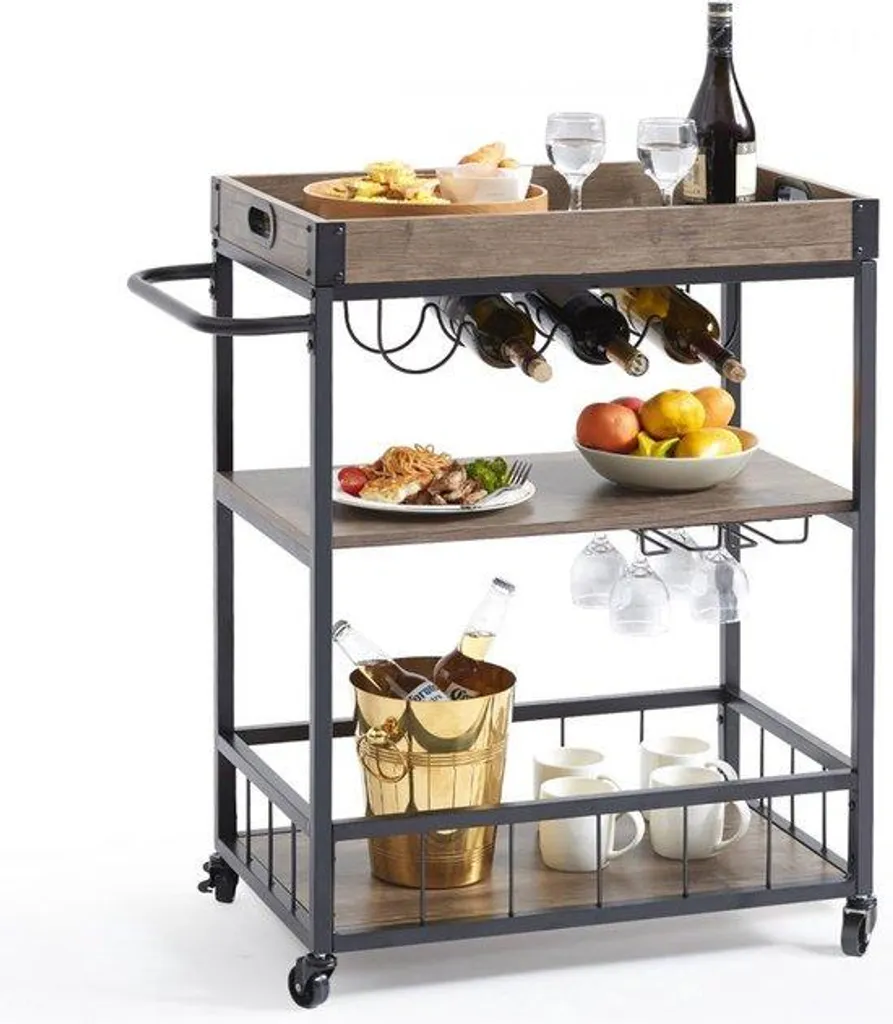 Desserte de service mobile à 3 plateaux noirs pour boissons et plats