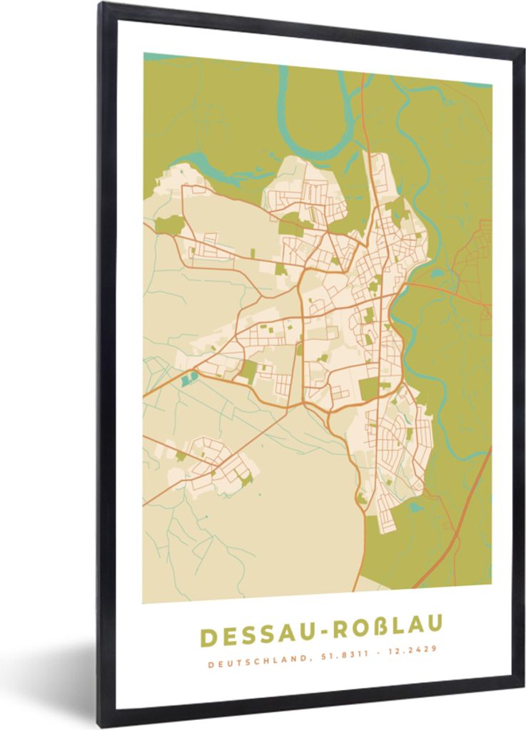 MuchoWow Gerahmtes Poster Jahrgang - Karte - Dessau-Roblau - Stadtplan - Karte 20x30 cm - Poster mit Schwarzem Bilderrahmen Wandposter Rahmen Fot...