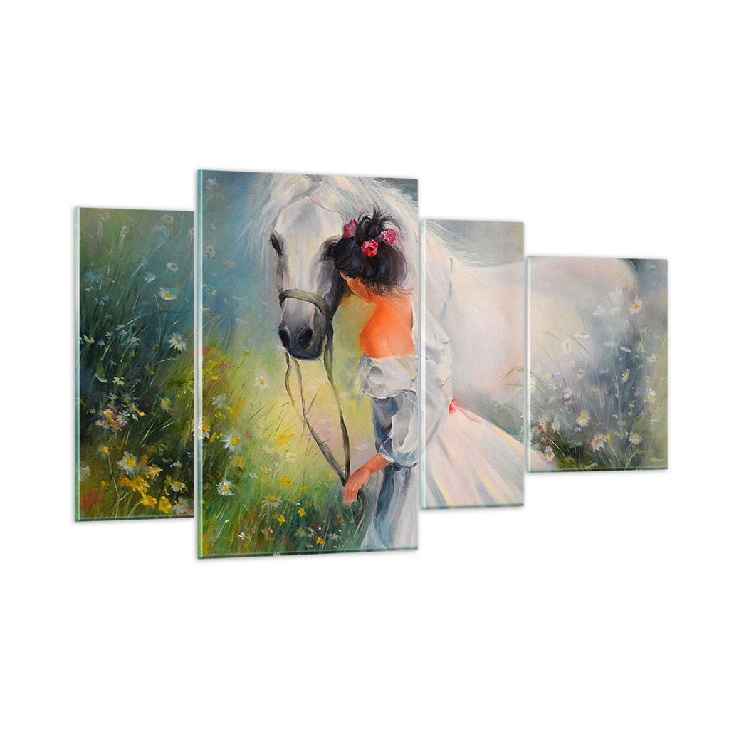 Bilder auf glas - Frau Wiese Pferd - 120x70cm - Glasbilder - Wandbilder - Kunstdruck - zum Aufhängen bereit - Wanddekoration aus Glas - Glas Bilde...