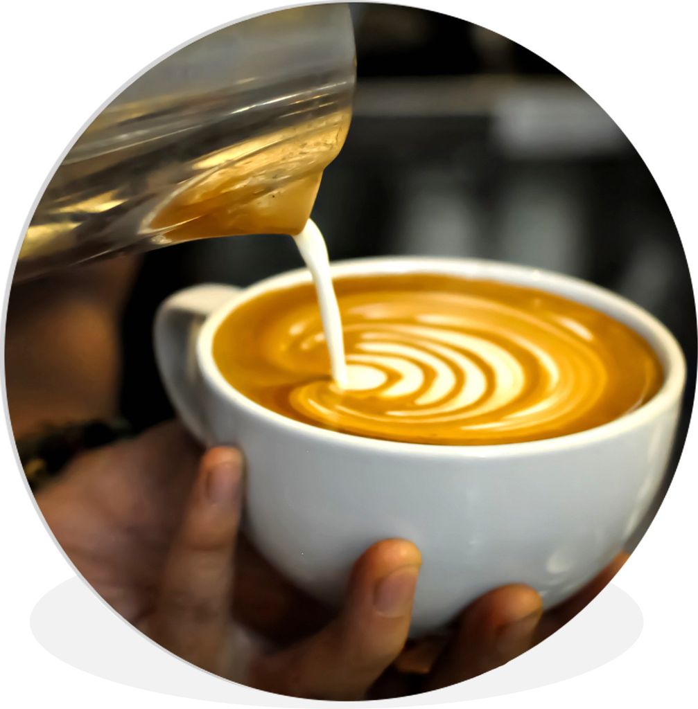 MuchoWow Rundes Wandbild - Runde Bilder Die Milch wird wie ein Milchkaffee in die Tasse des Cappuccinos gegossen. Ø 60 cm Kreis Wanddekoration K...