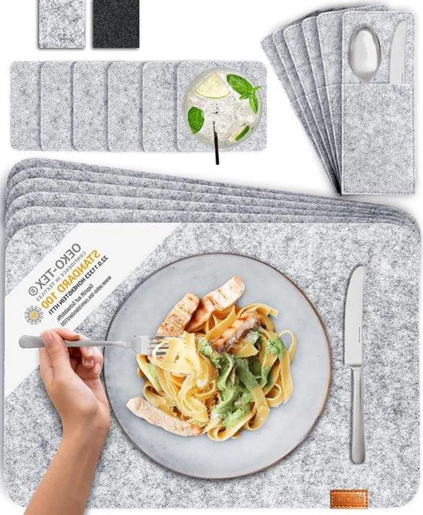 Set de table anti-tache feutre gris clair 6 personnes avec range-couverts