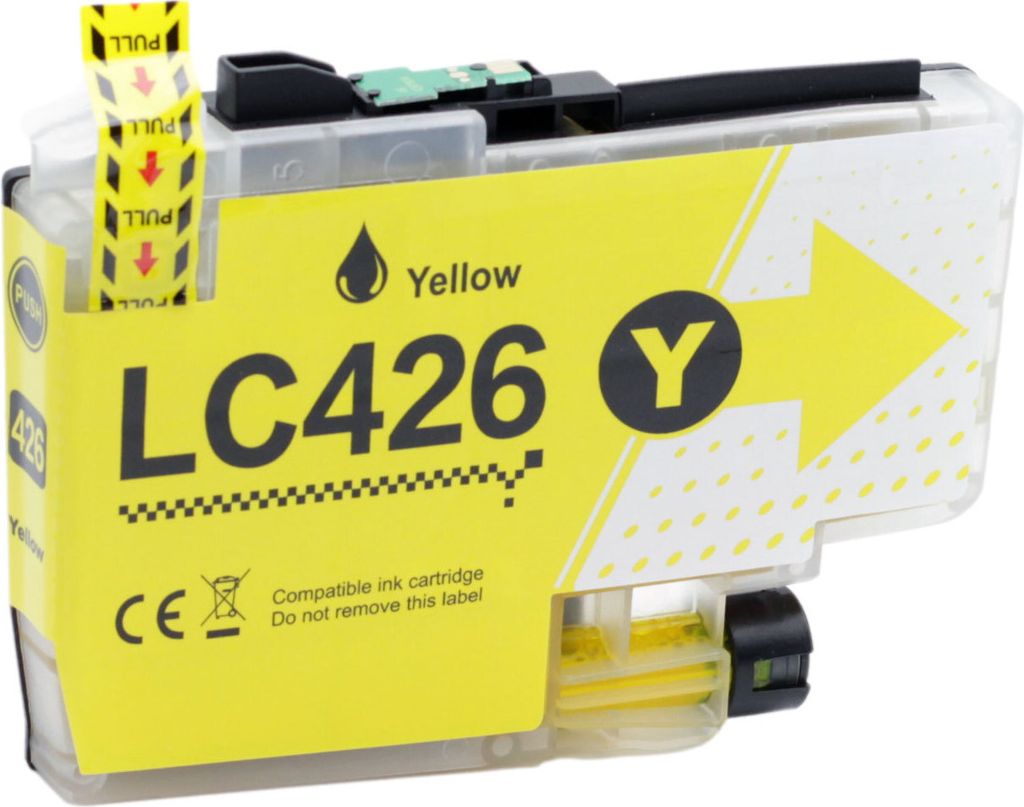 A yellow ink cartridge for a printer.