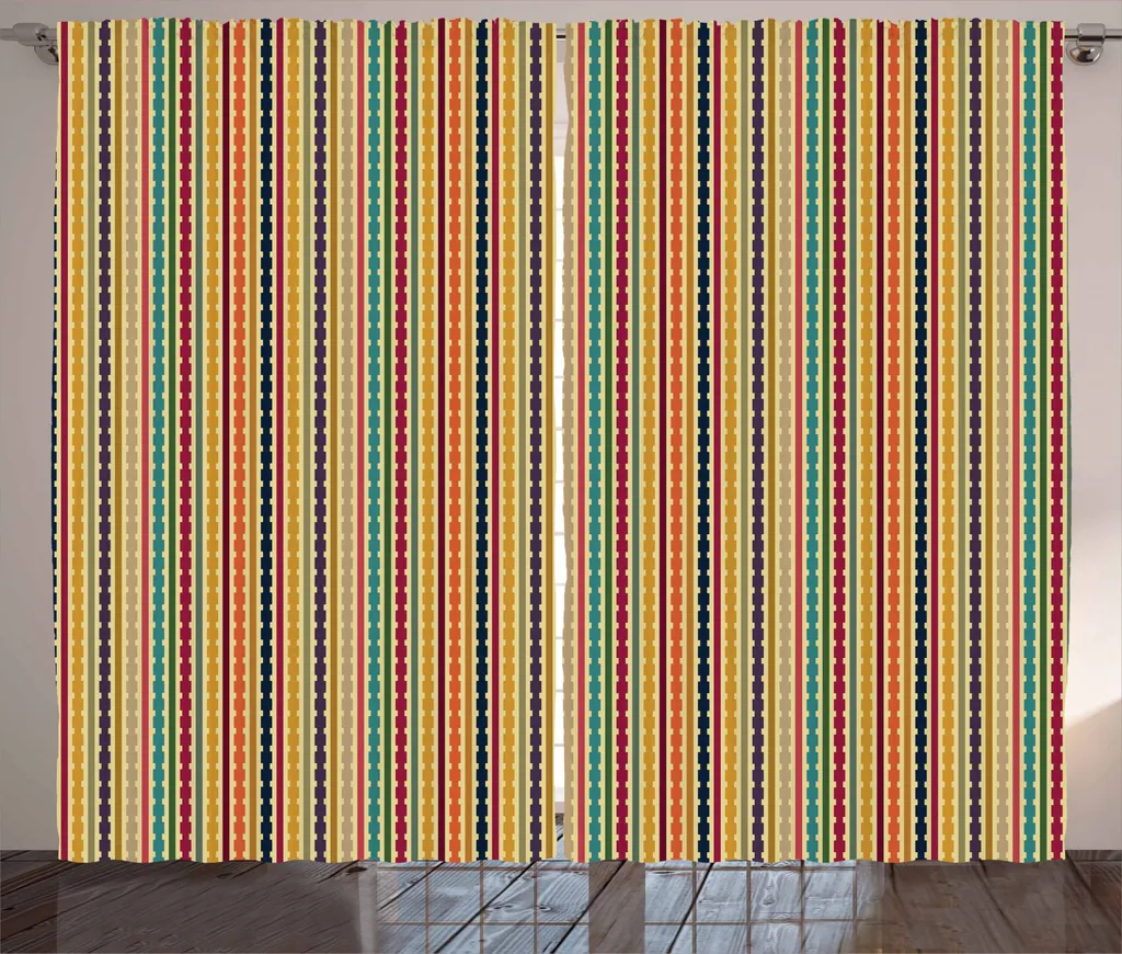 ABAKUHAUS Tenda rustica a strisce, forma semplice, motivo, tenda con passanti e ganci per camera da letto, 280 x 245 cm, multicolore
