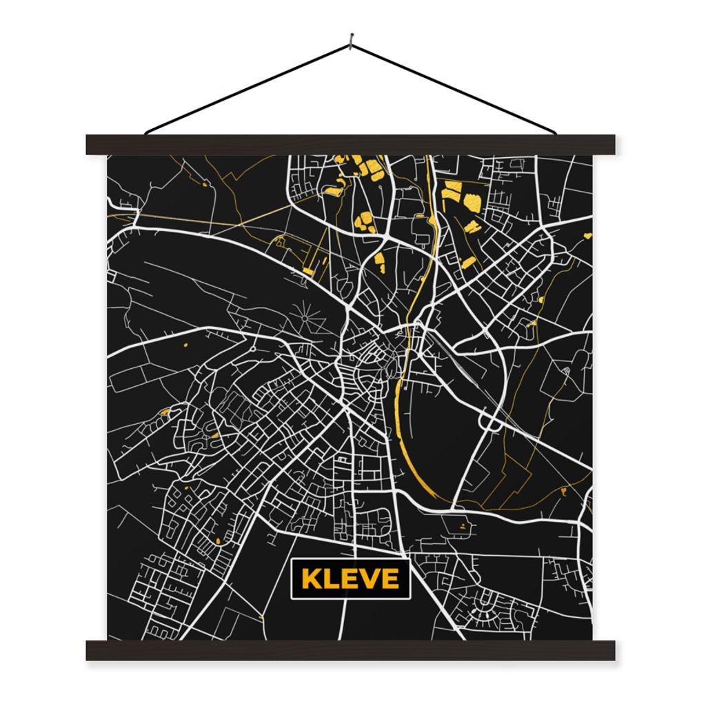 MuchoWow Textilposter Schwarz und Gold - Stadtplan - Kleve - Deutschland - Karte 60x60 cm mit schwarzem Rahmen - Posteraufhänger