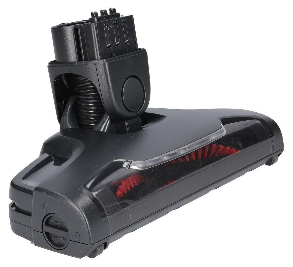 A black vacuum cleaner floor head with a brush roll is shown against a white background.