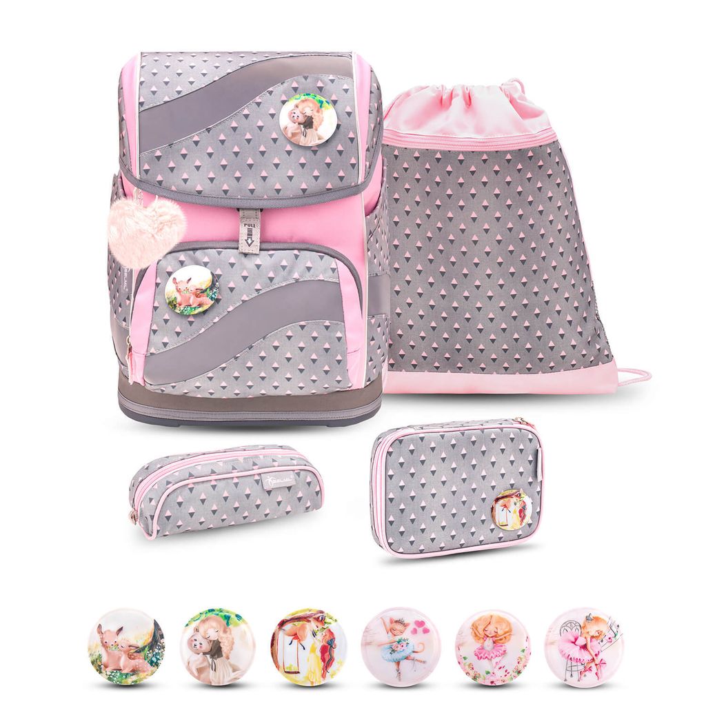 Belmil Smarty ergonomisches Schulranzen Set 5-teilig "Favourite Pet 2" mit Brustgurt, Hüftgurt, Magnetverschluss, Patch Set 6 Stück