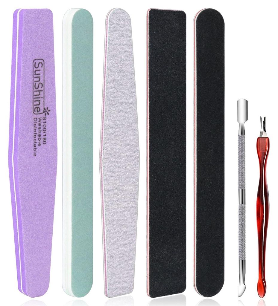 Set mit 7 Nagelfeilen (Körnung 100/180), Nagelfeile für Gelnägel, doppelseitiger Buffer für Natur- und Gelnägel, mit Nagelhautschieber aus Ede...