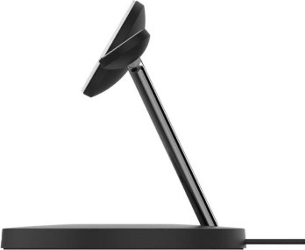 A side view of a black wireless charging stand.
