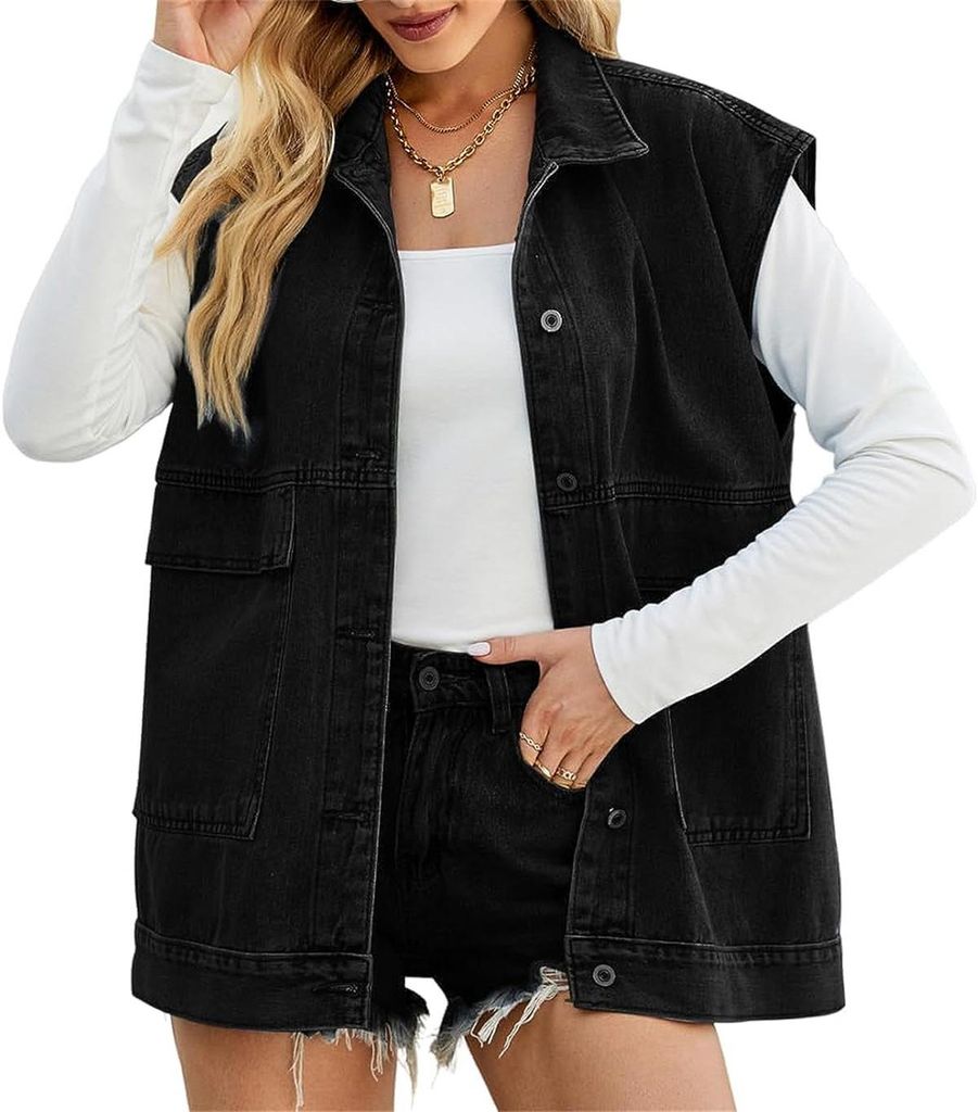 ASKSA Damen Jeansweste aermellos Laessige Locker Elegante Jeansjacke Jacke Mantel mit Taschen, A Schwarz, L