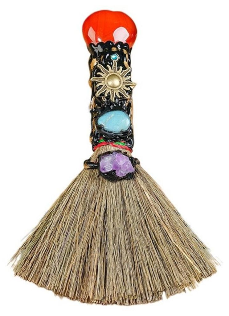 INF Roter Achat-Kristallherz Mini-Besen mit Pampasgras, 18cm für Altar