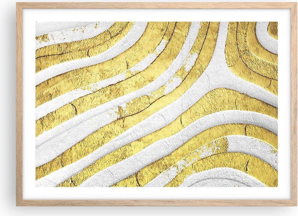 Gerahmtes Poster - Rahmen in heller Eiche - Abstraktion Gold Weiß - 70x50 cm - Wand Bild - Wanddeko - Wandbilder - Kunstposter - Wandposter - Bild...
