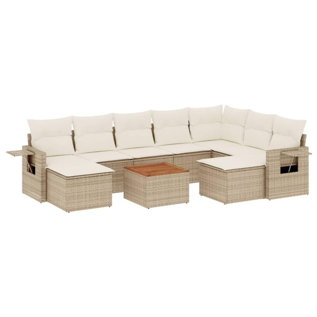 10-tlg. Garten-Sofagarnitur mit Kissen Beige Poly Rattan Produktbild 