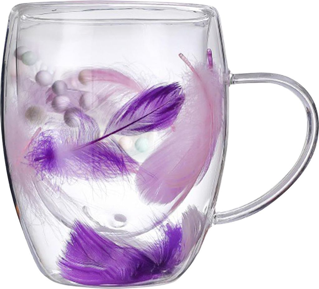 Doppelwandiger Kaffeebecher aus Glas, 250/350 ml, Tasse im Federdesign mit Henkel, isoliert, Verbrühungsschutz, bequemer Griff, Temperaturregelung...