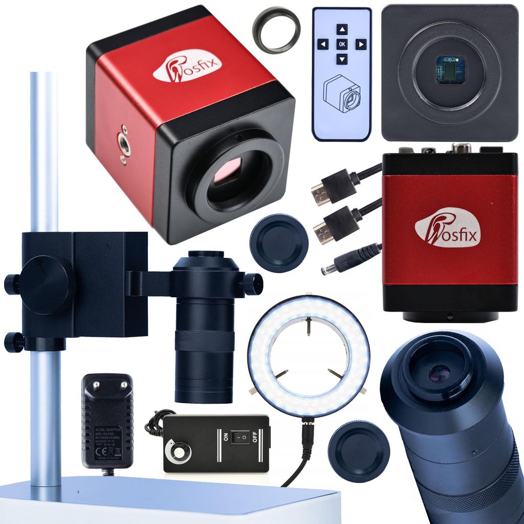 Rosfix Set Draco RED PRO 4in1 – Mikroskopkamera HDMI/VGA 2MP + 100x Objektiv + LED-Ringlicht + Plattform | C-Mount | FullHD 60fps