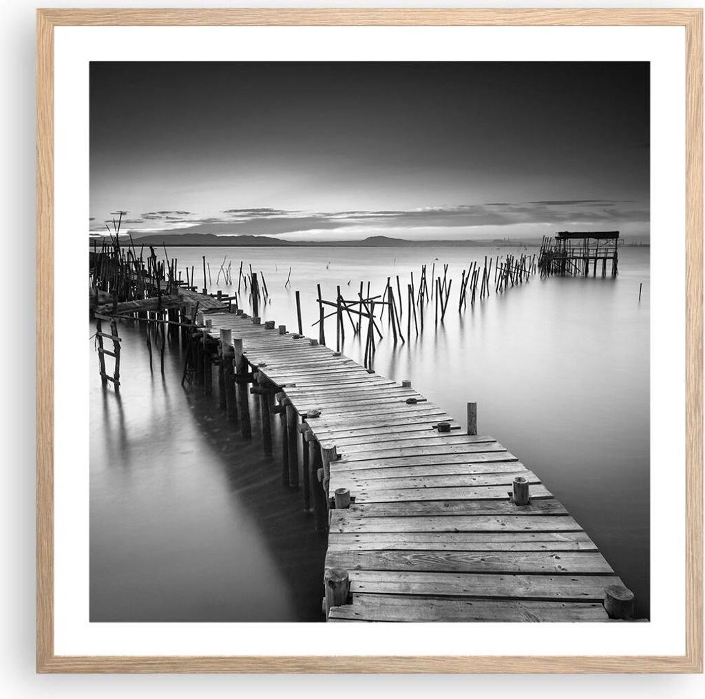 Gerahmtes Poster - Rahmen in heller Eiche - Meer Brücke Landschaft Natur - 60x60 cm - Wand Bild - Wanddeko - Wandbilder - Wandposter - Bilderrahme...