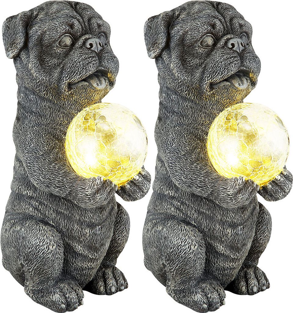 2er Set LED Solarleuchte, Hund mit Glaskugel, grau, H 29 cm