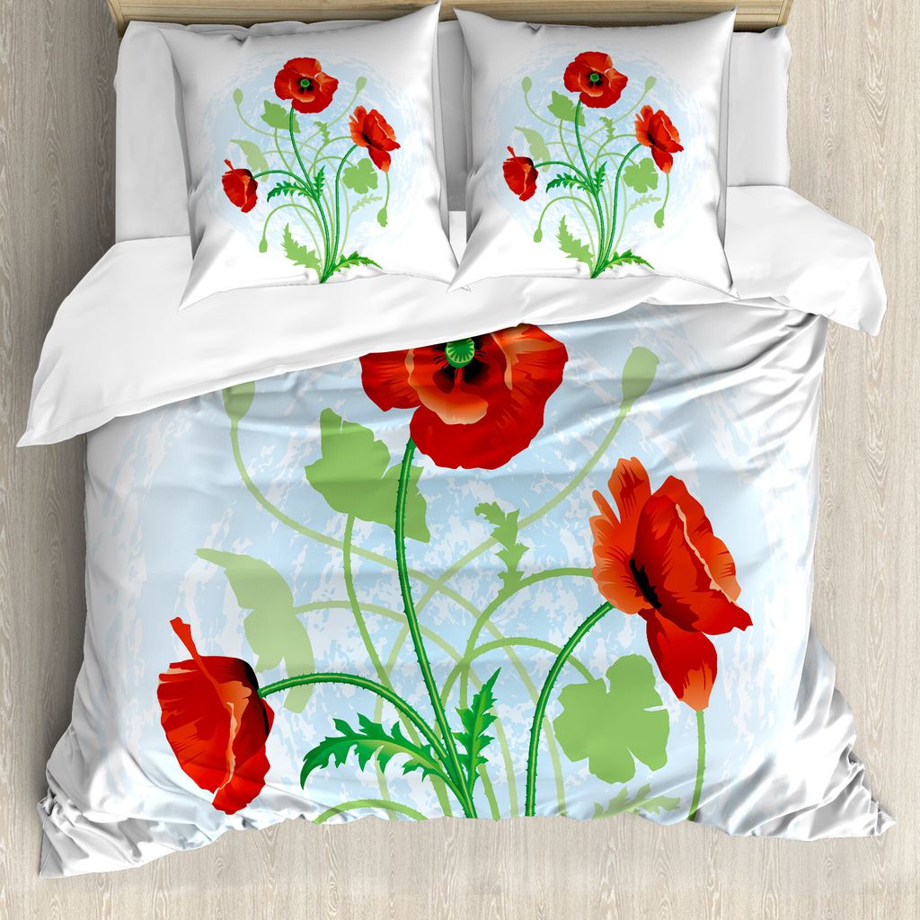 ABAKUHAUS Blumen Bettbezugs Set Für Doppelbetten, Mohn Blumenstrauß, Milbensicher Allergiker geeignet mit Kissenbezügen, Farngrün Hellblau Scha...