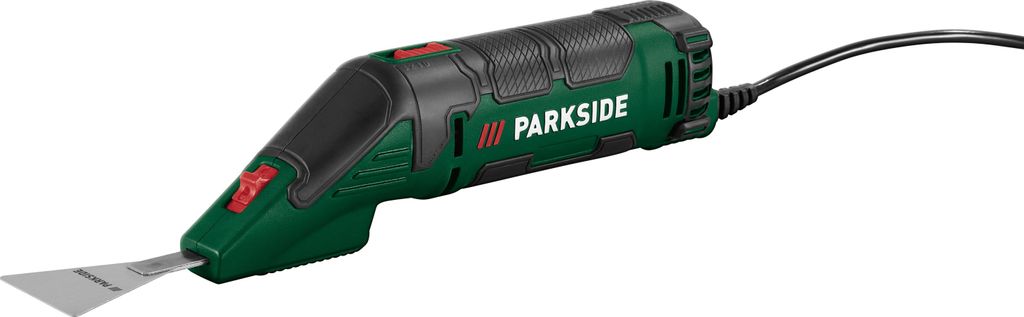 A close-up studio shot of a green and black electric scraper tool.