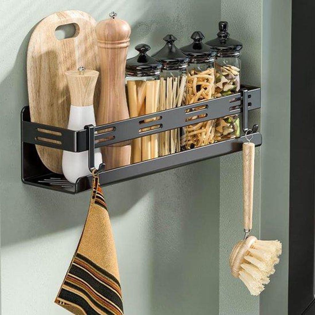 Unyqoos Kräuterregal Organizer für die Wand mit abnehmbaren Haken, 40 cm, schwarz, ohne Bohren