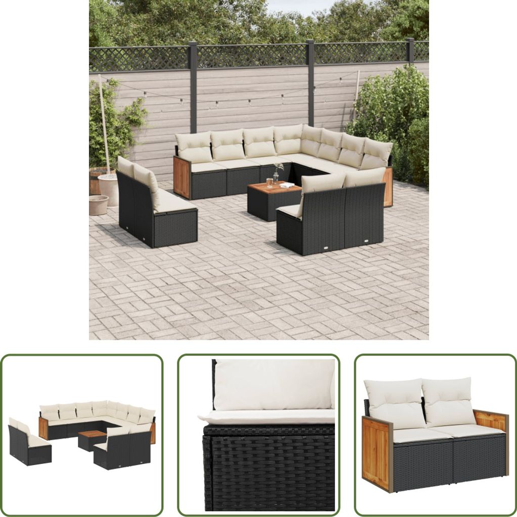 The Living Store 12-tlg. Garten-Sofagarnitur mit Kissen Schwarz Poly Rattan