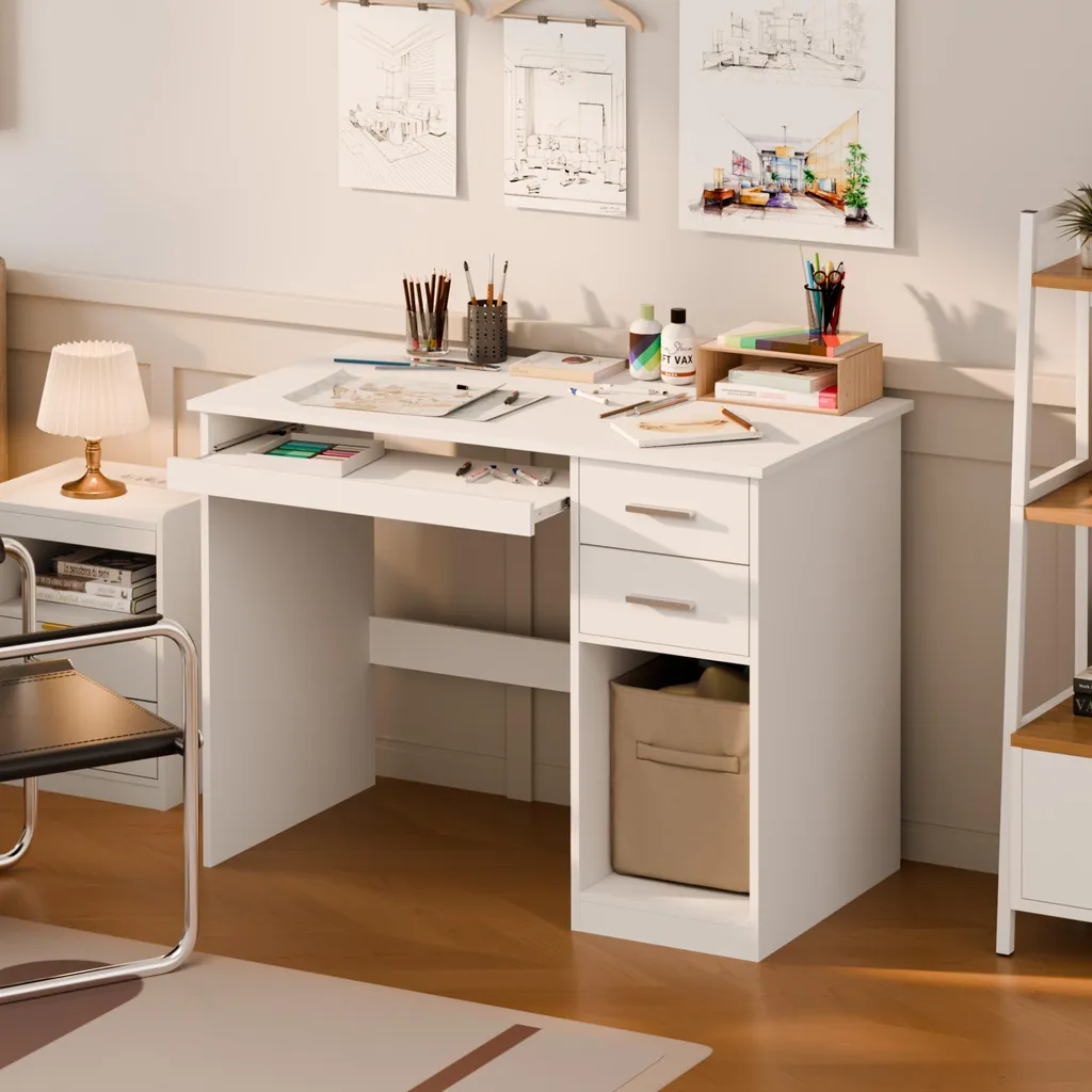 Bureau informatique blanc moderne avec rangements et tablette clavier - 9
