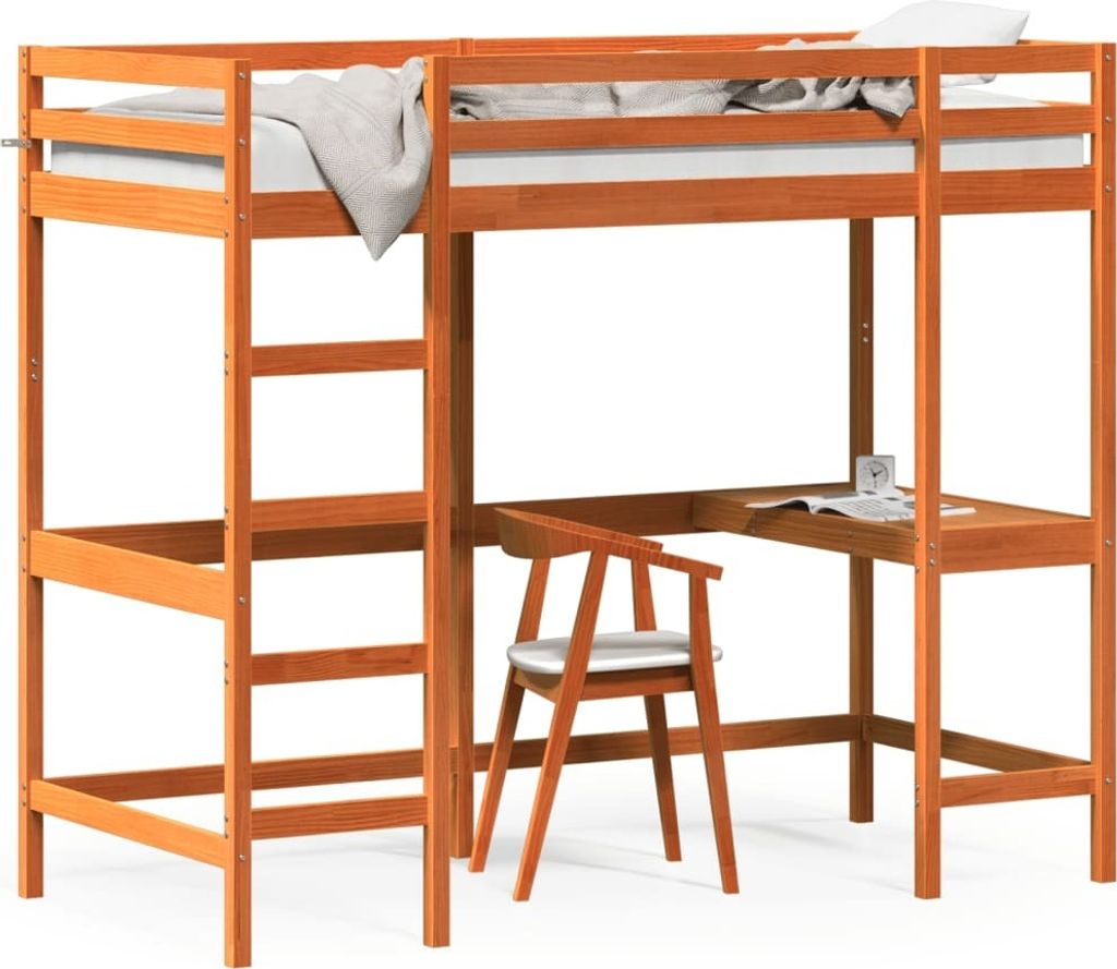 Maison Exclusive - Hochbett mit Schreibtisch Wachsbraun 90x190cm Massivholz Kiefer