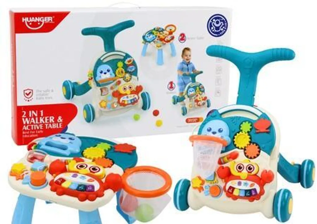 Poussette interactive bleue 2en1 : jouet d'éveil éducatif et ludique