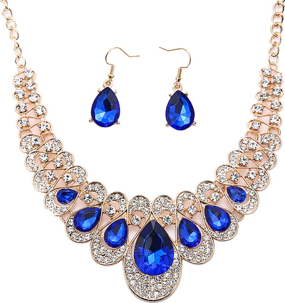 2 Teile/satz Tropfenförmige Strass Statement Bib Halskette Ohrringe Brautschmuck Geschenk-Blau