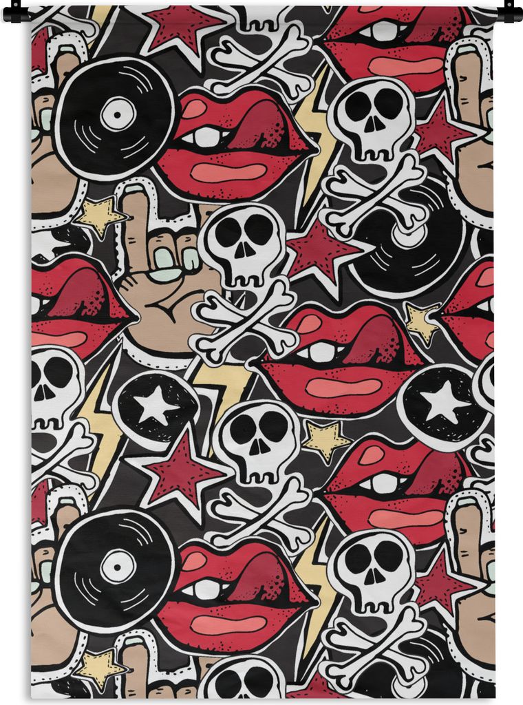 MuchoWow Wandteppich Wandbehang Rock - Rock 'n' Roll - Muster - Schädel 60x90 cm Tapisserie Dekoration Wandtuch - Foto-Teppich - Abwaschbar