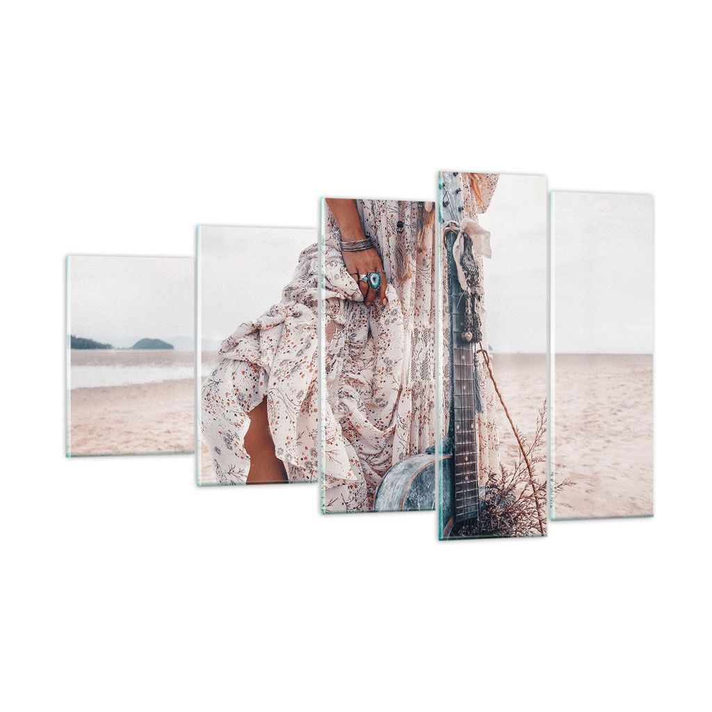 Bilder auf glas - 5 Teile - Frau Kleid Gitarre - 100x60cm - Glasbilder - Wandbilder - Bilder - zum Aufhängen bereit - Wanddekoration aus Glas - Gl...