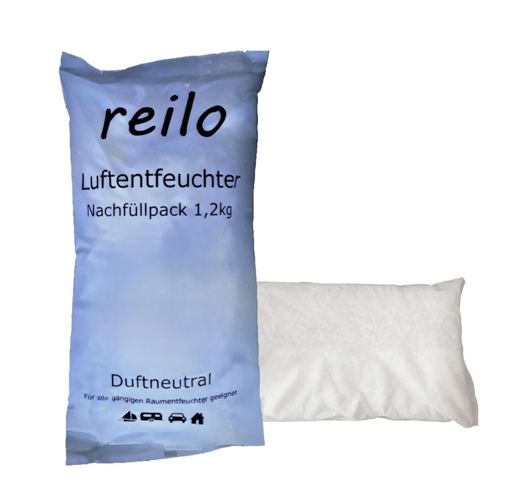 10x 1,2kg "reilo" Luftentfeuchter Granulat (Calciumchlorid) im Vliesbeutel, Nachfüllpack für Raumentfeuchter Boxen, einzeln verpackt in Polybeutel