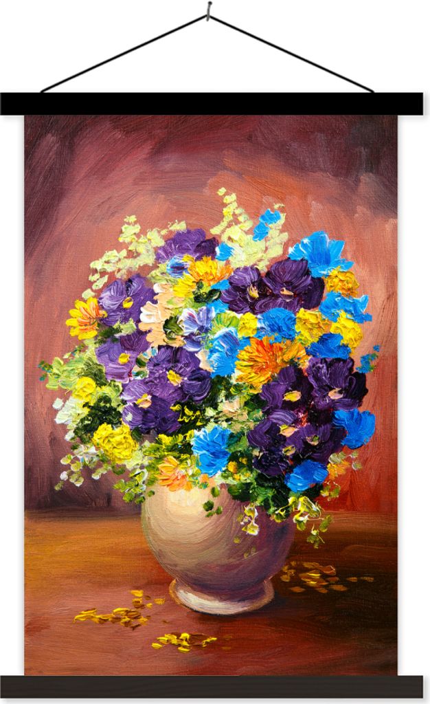 MuchoWow Textilposter Blumenstrauß - Frühling - Ölfarbe 120x180 cm mit schwarzem Rahmen - Fotos