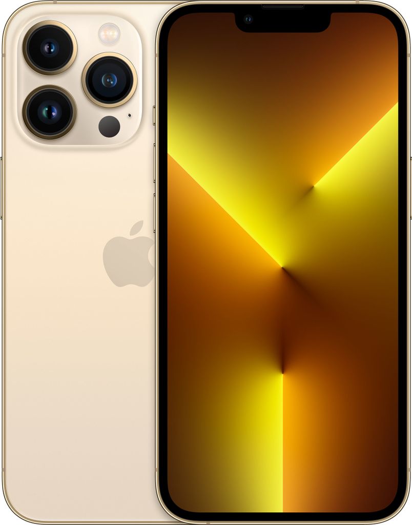 A gold iPhone 13 Pro is shown from the back and front.