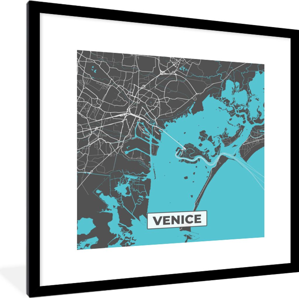 MuchoWow Gerahmtes Poster Venedig - Stadtplan - Karte - Blau 40x40 cm - Poster mit Schwarzem Bilderrahmen Wandposter Rahmen Foto Bilder - Poster ...