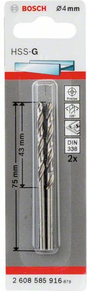 Bosch 2608585916 Bosch 2 Metallbohrer HSS-G 4,0x43x75mm Immagine del prodotto 
