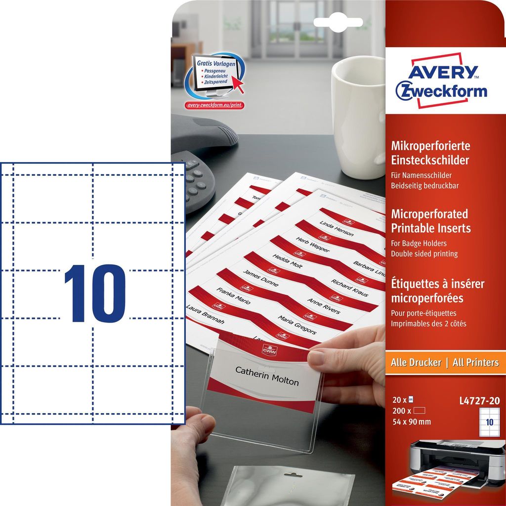 Avery Zweckform L4727-20 Einsteckschilder, 90 x 54 mm, 190 Produktbild 